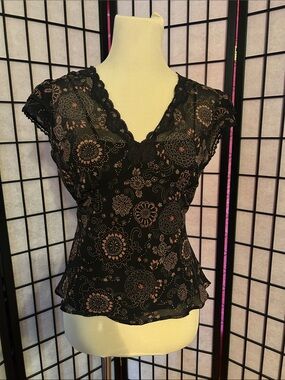 GAP Black Floral Lace-Trim V-Neck Blouse